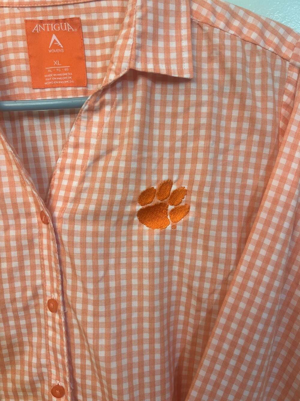 Antigua Clemson tigers orange and white gingham button down size XL - Picture 2 of 5